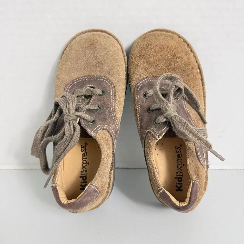 Kid Express Ryan Tan Nubuck and Dark Brown Leather Lace Up Shoes Sz 28 (11-11.5)